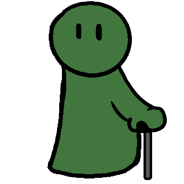 A green figure with a gray cane.